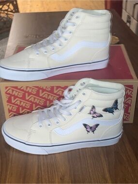 Vans Cream High-Top Sneakers with Embroidered Pink and Blue Butterflies